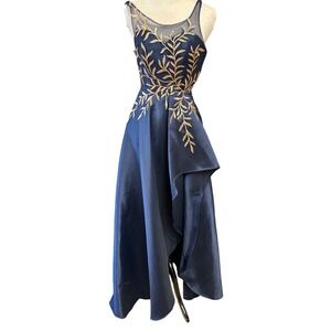 Say Yes to the Prom Navy Blue Gold Embroidered High-Low Gown Dress Size 0